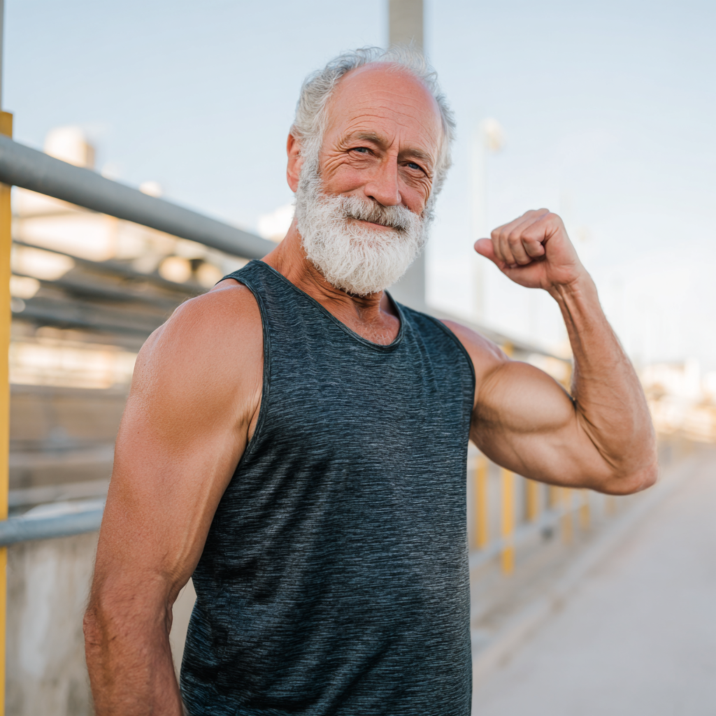 Confident elderly European man with determined expression practicing breathing exercises outdoors