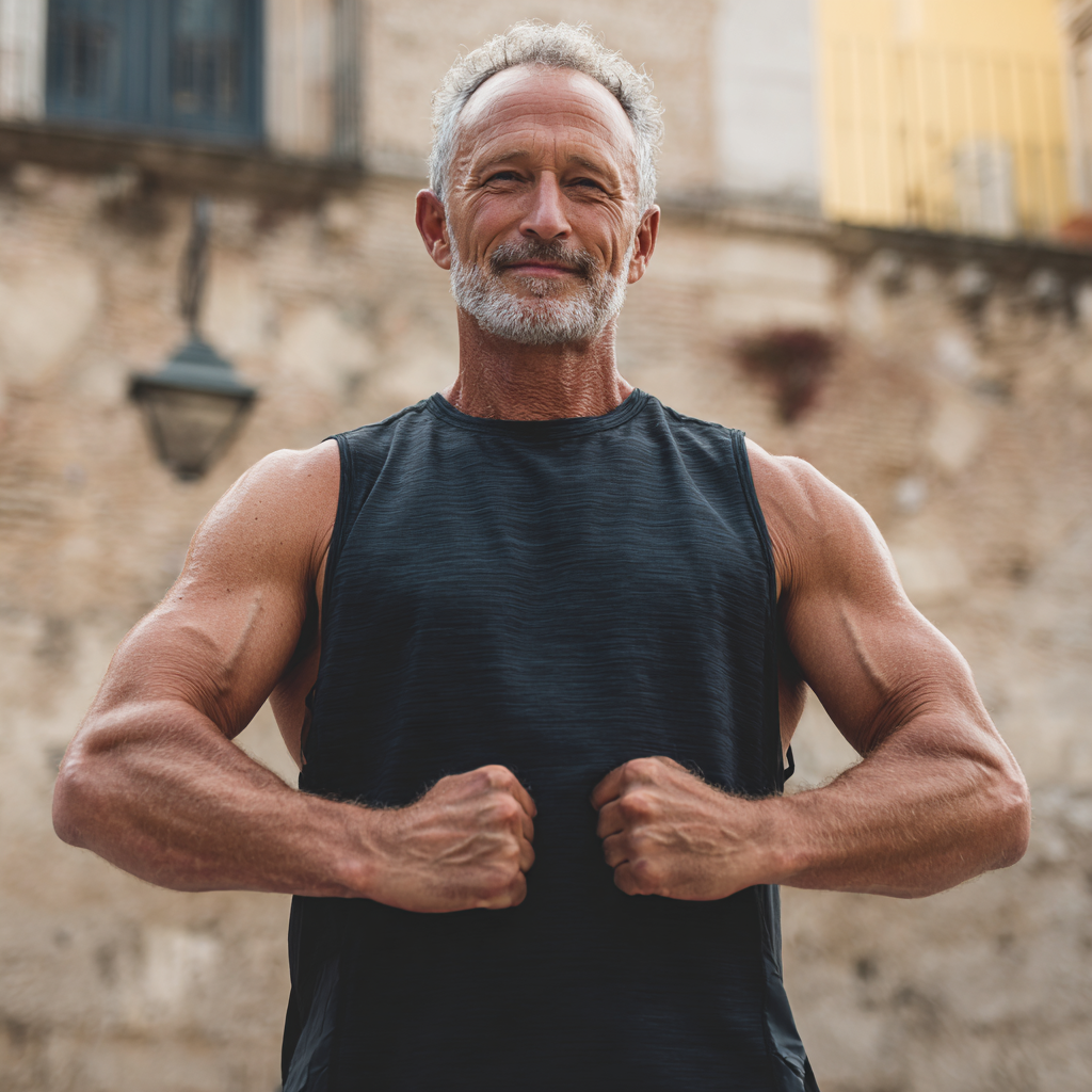 Wise elderly European man with calm confident expression demonstrating inner strength and mental resilience